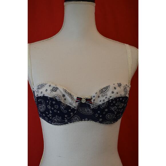 NWT DOLCE & GABBANA M51420 NAVY BLUE WHITE PAISLEY BOW LOGO SEMI PAD BRA 34 C - Picture 1 of 12